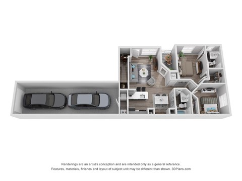 A 3D floor plan of a house with a garage for two cars.